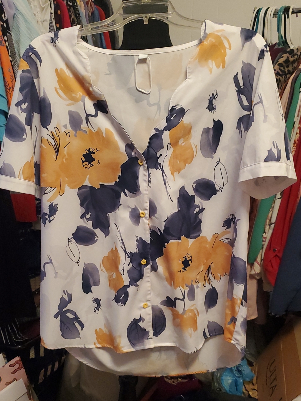 SHEIN White Short-Sleeve Button Blouse with Mustard & Navy Floral Print